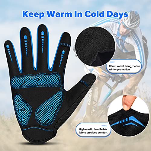 BTNEEU Guantes de Ciclismo Hombre Guantes Bicicleta Montaña de Dedo Completo con Pantalla Táctil Guantes Ciclismo Mujer Gel Antideslizante Transpirable Guantes MTB Largos Guantes Deportivo (Azul, L)