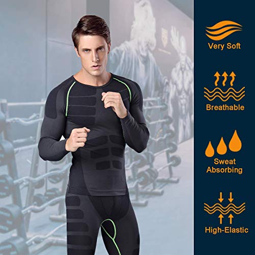 Bwiv Camiseta Hombre Deportiva Compresión Camiseta Interior Hombre Manga Larga Fitness Gimnasio Aire Libre para Entrenamiento Ciclismo de Negro Gris Línea Verde Talla L