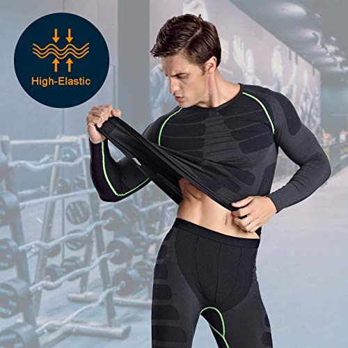 Bwiv Camiseta Hombre Deportiva Compresión Camiseta Interior Hombre Manga Larga Fitness Gimnasio Aire Libre para Entrenamiento Ciclismo de Negro Gris Línea Verde Talla L