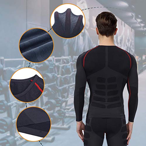 Bwiv Camiseta Hombre Deportiva Compresión Camiseta Interior Hombre Manga Larga Fitness Gimnasio Aire Libre para Entrenamiento Ciclismo de Negro Gris y Rojo Línea Talla L