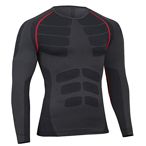 Bwiv Camiseta Hombre Deportiva Compresión Camiseta Interior Hombre Manga Larga Fitness Gimnasio Aire Libre para Entrenamiento Ciclismo de Negro Gris y Rojo Línea Talla L