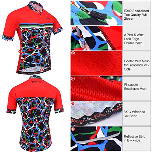 BXIO Conjuntos de Ciclismo para Hombre Jerseys de Ciclismo de Moda Transpirables Rojos 5D Gel Pad Bib Shorts Shorts de Secado rápido MTB Cycle Wear Mangas Cortas 213 (Red(213,Bib Shorts), L)
