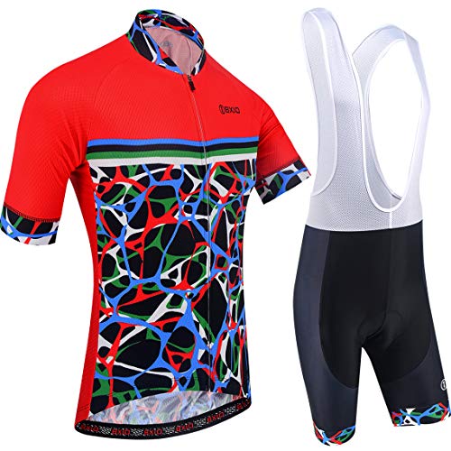 BXIO Conjuntos de Ciclismo para Hombre Jerseys de Ciclismo de Moda Transpirables Rojos 5D Gel Pad Bib Shorts Shorts de Secado rápido MTB Cycle Wear Mangas Cortas 213 (Red(213,Bib Shorts), L)