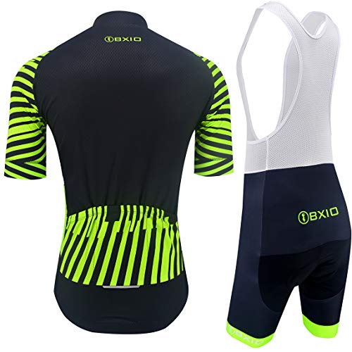 BXIO Maillot Ciclismo Hombre, Ropa Ciclismo Transpirable y Secado Rápido con Culotte Bicicleta Carretera y MTB, Negro-Verde Fluo (211, Culotte con Tirantes), S