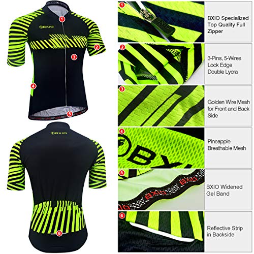 BXIO Maillot Ciclismo Hombre, Ropa Ciclismo Transpirable y Secado Rápido con Culotte Bicicleta Carretera y MTB, Negro-Verde Fluo (211, Culotte con Tirantes), S