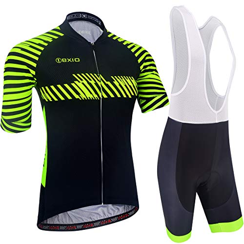 BXIO Maillot Ciclismo Hombre, Ropa Ciclismo Transpirable y Secado Rápido con Culotte Bicicleta Carretera y MTB, Negro-Verde Fluo (211, Culotte con Tirantes), S