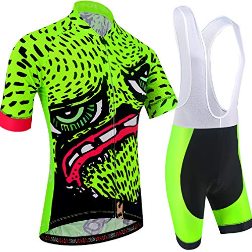 BXIO Ropa Ciclismo Dibujos Animados Camisetas Cortas Hombre 5D Gel Pad Culotte Corto con Babero MTB Secado rápido Ropa Ciclismo (Verde Fluo (210, Culotte con Tirantes)