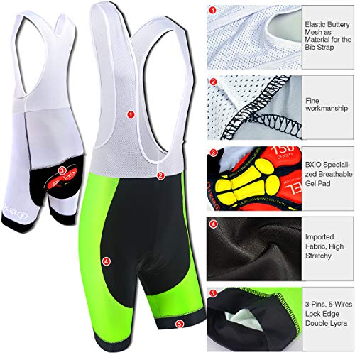 BXIO Ropa de Ciclismo de Dibujos Animados Camisetas Cortas para Hombre 5D Gel Pad Culotte Corto con Babero MTB de Secado rápido Ropa de Ciclismo 210 (Fluo Green(210,Bib Shorts), L)