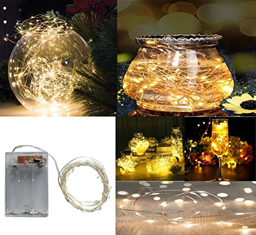 BXROIU 2 x Guirnalda luces pilas,2 Modo Luces Plata Alambre Cadenas 5 metros 50 leds para dormitorio Navidad Celebración Boda Decoración, (50leds blanco cálido)