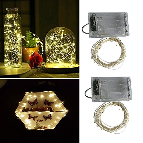 BXROIU 2 x Guirnalda luces pilas,2 Modo Luces Plata Alambre Cadenas 5 metros 50 leds para dormitorio Navidad Celebración Boda Decoración, (50leds blanco cálido)