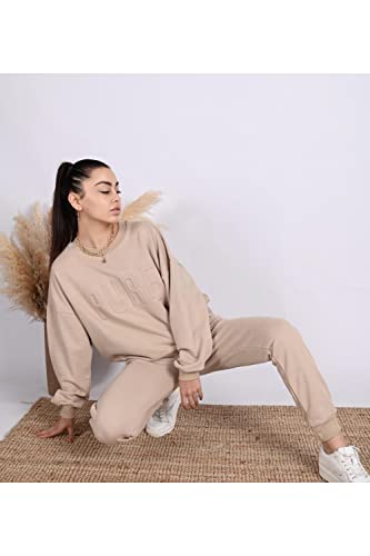 C K CrisKat Conjunto Chándal 2 Piezas Conjunto de Manga Larga con Bolsillo Laterales para Primavera Otoño Invierno Ropa Casual para Mujer Conjuntos Casual Completo Acanalado (# Chandal Beige, M)