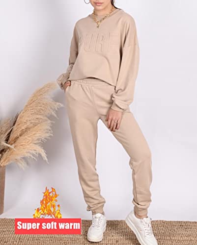 C K CrisKat Conjunto Chándal 2 Piezas Conjunto de Manga Larga con Bolsillo Laterales para Primavera Otoño Invierno Ropa Casual para Mujer Conjuntos Casual Completo Acanalado (# Chandal Beige, M)