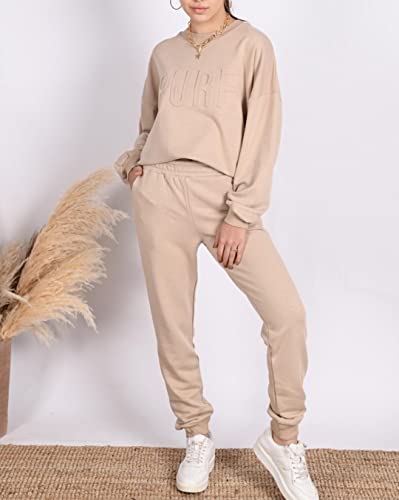 C K CrisKat Conjunto Chándal 2 Piezas Conjunto de Manga Larga con Bolsillo Laterales para Primavera Otoño Invierno Ropa Casual para Mujer Conjuntos Casual Completo Acanalado (# Chandal Beige, M)