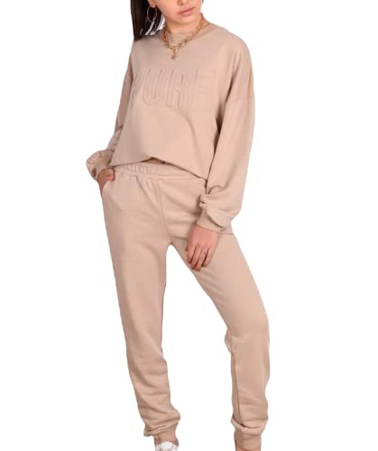 C K CrisKat Conjunto Chándal 2 Piezas Conjunto de Manga Larga con Bolsillo Laterales para Primavera Otoño Invierno Ropa Casual para Mujer Conjuntos Casual Completo Acanalado (# Chandal Beige, M)