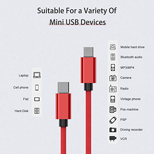 Cable Mini USB 5 Pines a Tipo C 1M Rojo,Cable USB C a Mini B,Adaptador Alta Velocidad,Cable Convertidor OTG Compatible con MacBookAir iPadPro iMacPro, LenovoYoga HP Dell XPS Chromebook Cámara Digital