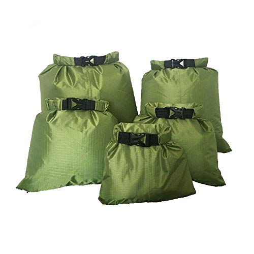 CAILI 5 Bolsas Secas, Bolsa Impermeable de Cinco Piezas a la Deriva, Verde Militar Adecuado para Nadar, Navegar, Hacer Rafting, Acampar, Hacer Kayak, IR de Excursión