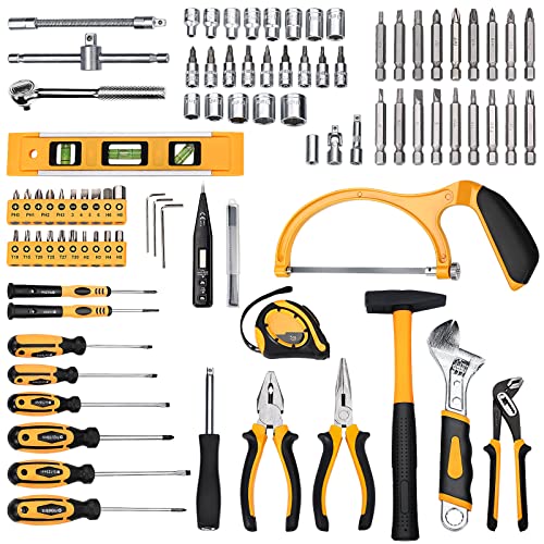 Caja de Herramientas, TECCPO/ X-CREATOR 97Pcs Multifuncional. Juego de Herramientas de Mano, Juego de Destornilladores de Precisión, Martillo, Alicates, Sierra de Aleación, Cinta Métrica-MTH200