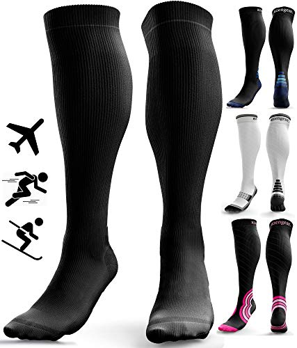 Calcetines de Compresión para Hombres y Mujeres - Medias de Compresion para Deporte - Maratones - Enfermeras - Estrés tibial Interior - Durante Embarazo (L/XL (42-47), Negro (sin logotipo))