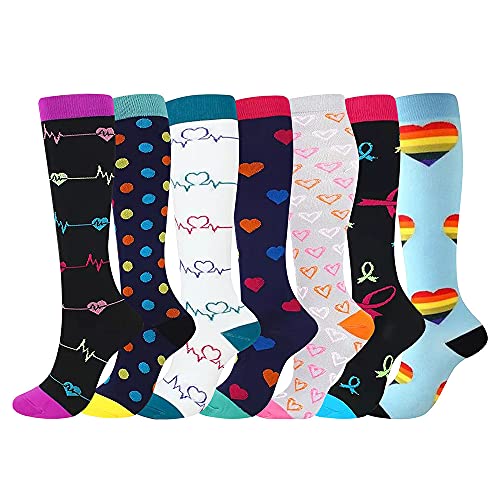 Calcetines de compresión para mujeres y hombres, 7 pares de medias de compresión médicas 15-20 mmHg Calcetines de sujeción coloridos para deportes, venas varicosas, correr, ciclismo, senderismo