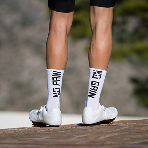 Calcetines para Ciclismo, MTB y Running de Caña Alta para Hombre y Mujer – No Pain No Gain White (S-M)