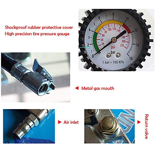 Calibrador del neumático para inflar con aire con manómetro 220PSI y el índice de inflación con la manguera de aire Chuck Pistol Grip Handle neumático manómetro Compresor Accesorios