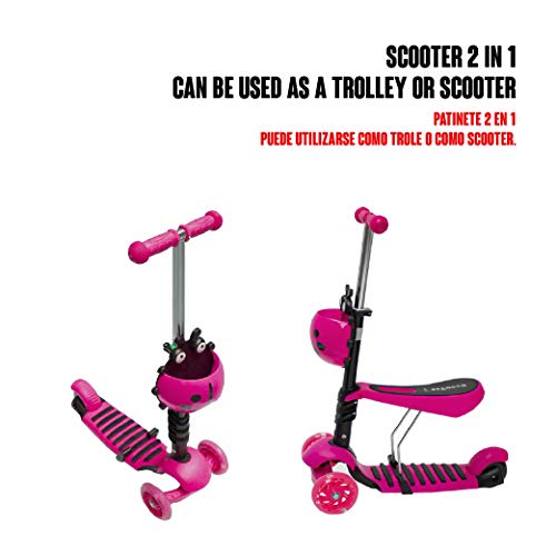 Calma Dragon Patinete YX-S49 Scooter 3 en 1, Tres Ruedas de LED, Altura Ajustable con Cesta de Mariquita, para Niños y Niñas, con Protección de Regalo (Rosa)