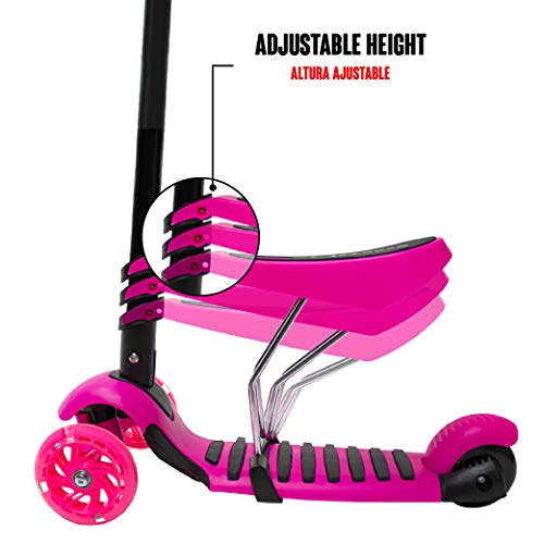 Calma Dragon Patinete YX-S49 Scooter 3 en 1, Tres Ruedas de LED, Altura Ajustable con Cesta de Mariquita, para Niños y Niñas, con Protección de Regalo (Rosa)