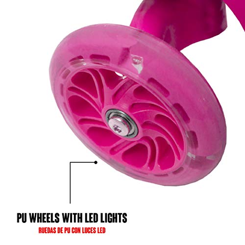 Calma Dragon Patinete YX-S49 Scooter 3 en 1, Tres Ruedas de LED, Altura Ajustable con Cesta de Mariquita, para Niños y Niñas, con Protección de Regalo (Rosa)