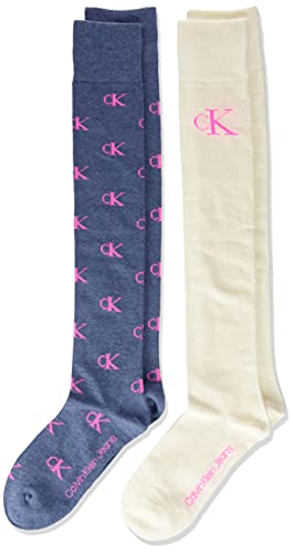 Calvin Klein All Over Monogram-Calcetines Altos para Mujer (2 Unidades) Kneehigh, Denim, Talla única