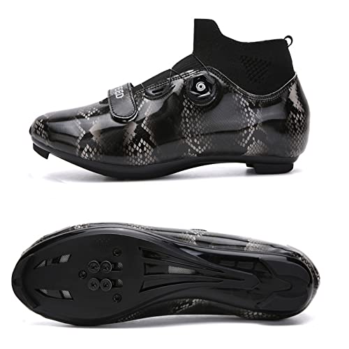 Calzado Ciclismo para Hombre, Zapatos De Bicicleta MTB De Bicicleta De Carretera con Patrón De Piel De Serpiente, Spin Shoestring Compatible SPD Look Delta Cycle Riding Cleat (Black,42)