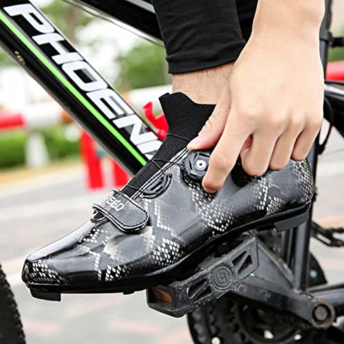 Calzado Ciclismo para Hombre, Zapatos De Bicicleta MTB De Bicicleta De Carretera con Patrón De Piel De Serpiente, Spin Shoestring Compatible SPD Look Delta Cycle Riding Cleat (Black,42)