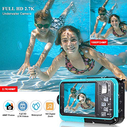 Camara Acuatica 2.7K Camara Acuatica Sumergible a Prueba de Agua 48 MP Camara Fotos Acuatica videocámara a Prueba de Agua Pantalla Dual Pantalla LCD a Todo Color Pantalla de Video Selfie