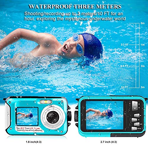 Camara Acuatica 2.7K Camara Acuatica Sumergible a Prueba de Agua 48 MP Camara Fotos Acuatica videocámara a Prueba de Agua Pantalla Dual Pantalla LCD a Todo Color Pantalla de Video Selfie