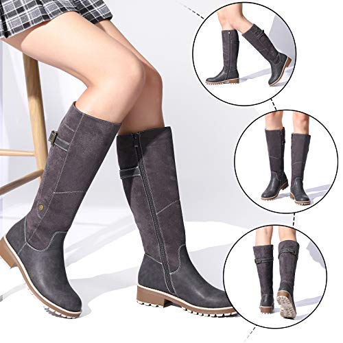 Camfosy Botas para mujer Botas de invierno hasta la rodilla Botas altas con forro de piel Zapatos cálidos de tacón bajo Botas largas para la nieve Calzado informal retro Negro Marrón Gris Grey