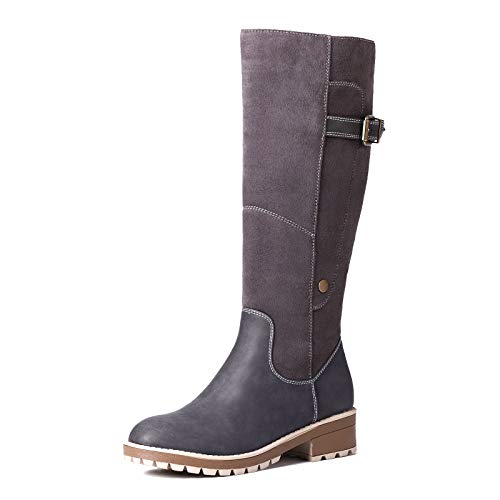 Camfosy Botas para mujer Botas de invierno hasta la rodilla Botas altas con forro de piel Zapatos cálidos de tacón bajo Botas largas para la nieve Calzado informal retro Negro Marrón Gris Grey