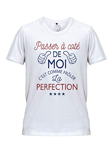 Camiseta de Manga Corta para Hombre, diseño con Texto en inglés Slogan Humour si tu Deseos Frôler La Perfection Blanco XXL