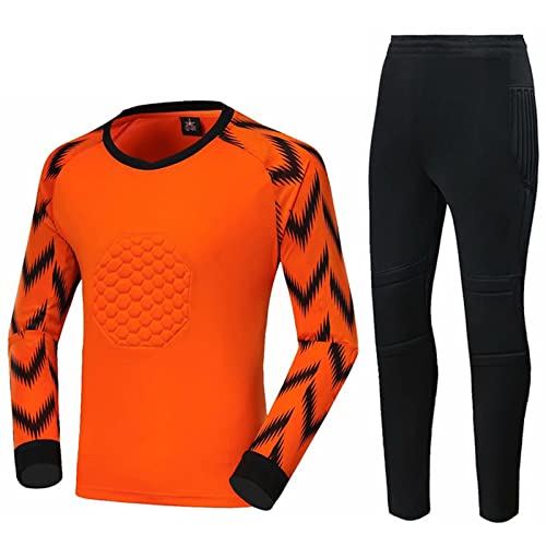 Camiseta de Portero de Fútbol para Adultos y niños, Traje Uniforme de Portero de fútbol Pantalones de Manga Larga,Diseño Engrosado de Pecho y Rodilla, protección anticolisión,Orange,3XS