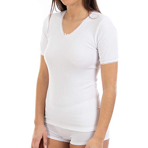 Camiseta Interior Termal de Mujer L104, de Manga Corta y Cuello de Pico con puntilla. Pack Ahorro de 6 Unidades de la Misma Talla y Color. (M)