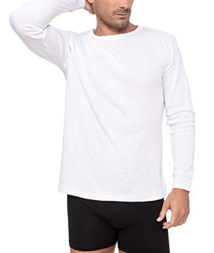 Camiseta Interior Térmica Algodón Manga Larga Hombre Cuello Redondo Colores Lisos (Blanco, M)