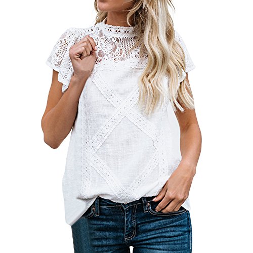 Camisetas Mujer SHOBDW Dia de la Mujer Verano Patchwork De Encaje Casual Ahuecar Volantes Manga Corta Suéter De Cuello De Tortuga Linda Blusa Floral Camiseta Blanca para Mujer (5XL, A-Blanco)