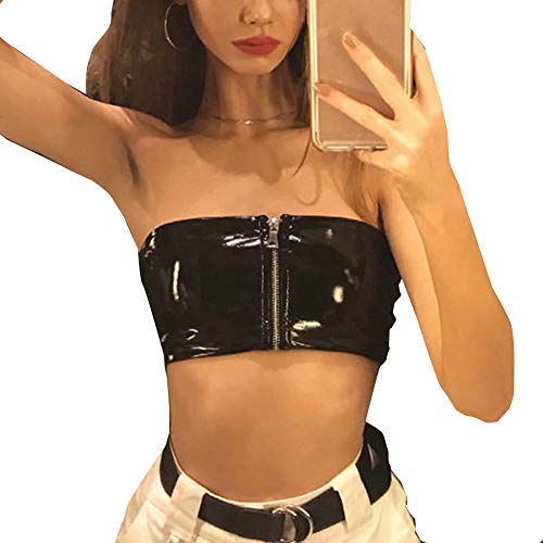 Camisola Crop Top Mujer Camiseta sin Tirantes Piel Sintética con Cremallera Sexy Top Mujer Apretado Negro Ideal para Salir por la Noche (Negro, L)