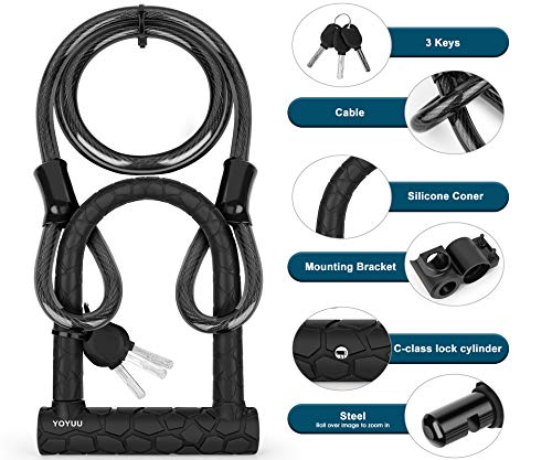 Candado en U para bicicleta, candado en D de grillete resistente con 3 llaves, cable de acero flexible de 1,2 m y soporte de montaje