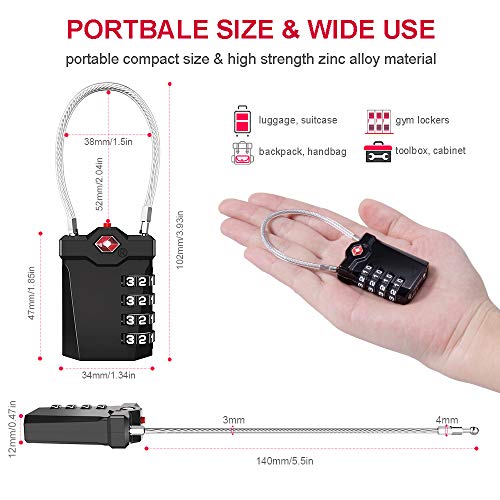 Candados para Equipaje Aprobado por la TSA (versión Avanzada) Combinación de 4 dígitos - Indicador de Alerta Abierta - Números Blancos, cerraduras de Viaje de Cable Flexible para Maletas (Negro)