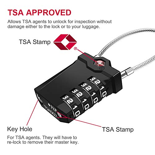 Candados para Equipaje Aprobado por la TSA (versión Avanzada) Combinación de 4 dígitos - Indicador de Alerta Abierta - Números Blancos, cerraduras de Viaje de Cable Flexible para Maletas (Negro)