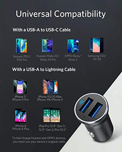Car Charger, Anker 24W Metal Dual USB Car Charger, PowerDrive II 2-Port 24W Alloy Supports 22.5W Huawei High-Speed Charging, for Huawei P30/Mate 30/20/Pro, iPhone 11/XR/XS/X/8, and More