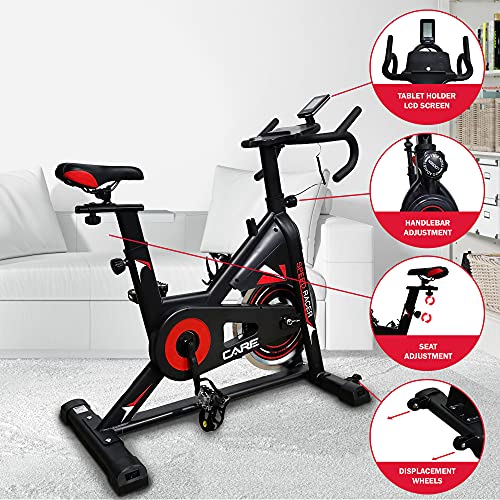 Care Fitnes - Bicicleta estática Spin-Bike Speed Racer con 6 funciones, masa de inercia 12 kg, freno por patines – Bicicleta de biking de diseño y capacidad