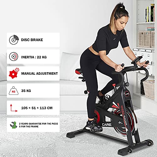 Care Fitnes - Bicicleta estática Spin-Bike Speed Racer con 6 funciones, masa de inercia 12 kg, freno por patines – Bicicleta de biking de diseño y capacidad