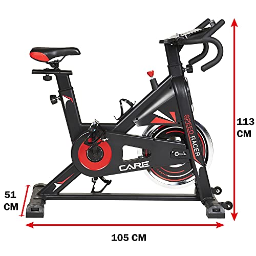 Care Fitnes - Bicicleta estática Spin-Bike Speed Racer con 6 funciones, masa de inercia 12 kg, freno por patines – Bicicleta de biking de diseño y capacidad