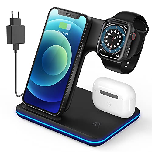 Cargador inalámbrico 3 en 1 para iPhone y Apple Watch, Estación de Carga con Adaptador QC 3.0, Qi Cargador Inalámbrico Rápido con iPhone 13/12/11/X/8 Wireless Charger para iWatch SE/7/5/4/3/2 Airpods