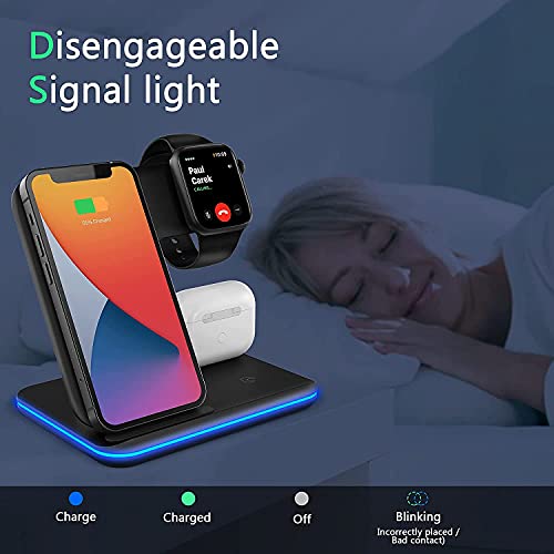 Cargador inalámbrico 3 en 1 para iPhone y Apple Watch, Estación de Carga con Adaptador QC 3.0, Qi Cargador Inalámbrico Rápido con iPhone 13/12/11/X/8 Wireless Charger para iWatch SE/7/5/4/3/2 Airpods